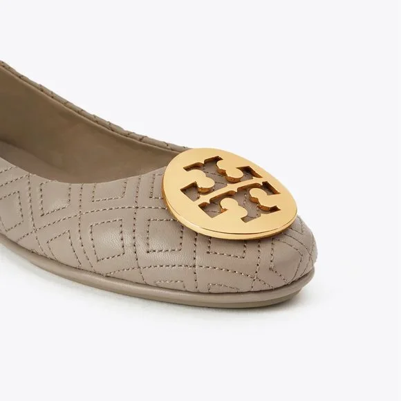 Tory Burch Minnie Travel Ballet Flat Quilted Leather Dust Storm Gold Taupe - Picture 9 of 10
